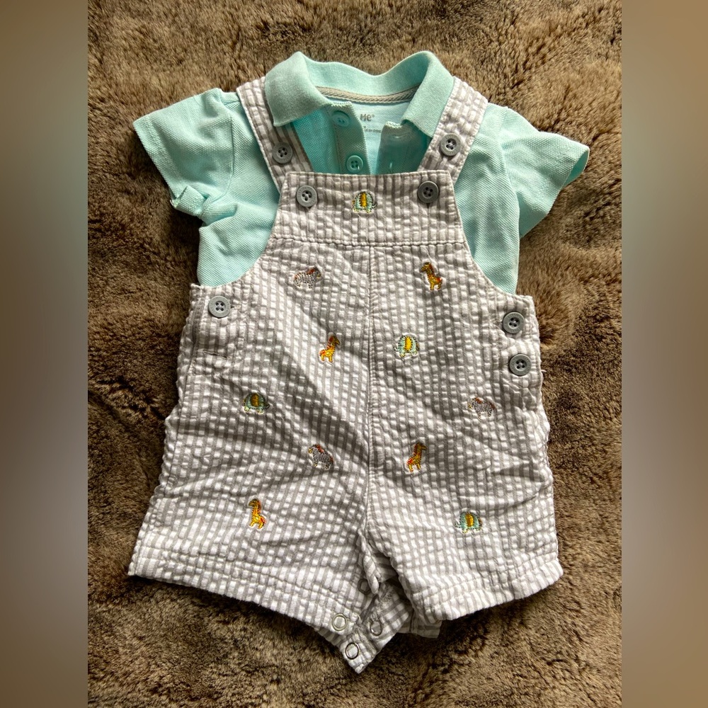Summer baby polo and overalls with embroidered animals